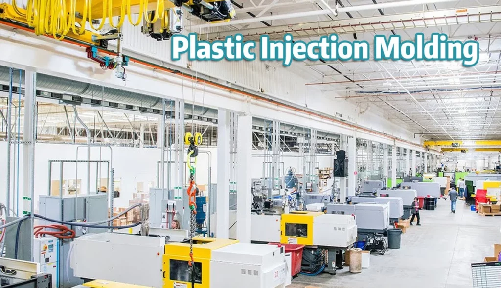 Injection molding production floor with rows of molding machines for custom plastic parts