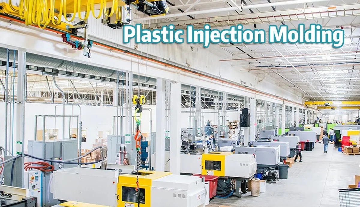 Injection molding production floor with rows of molding machines for custom plastic parts