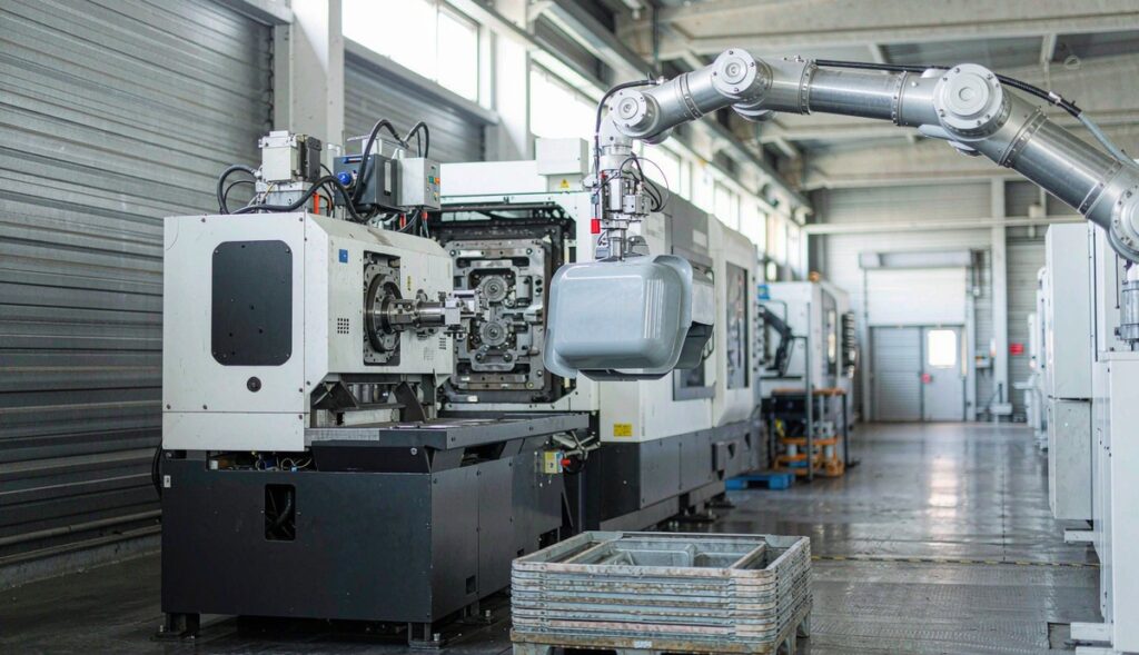 Injection molding pilot production cell with robot arm unloading small-batch parts