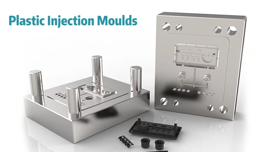 Precision steel injection mold halves with cavities and cores for custom plastic parts