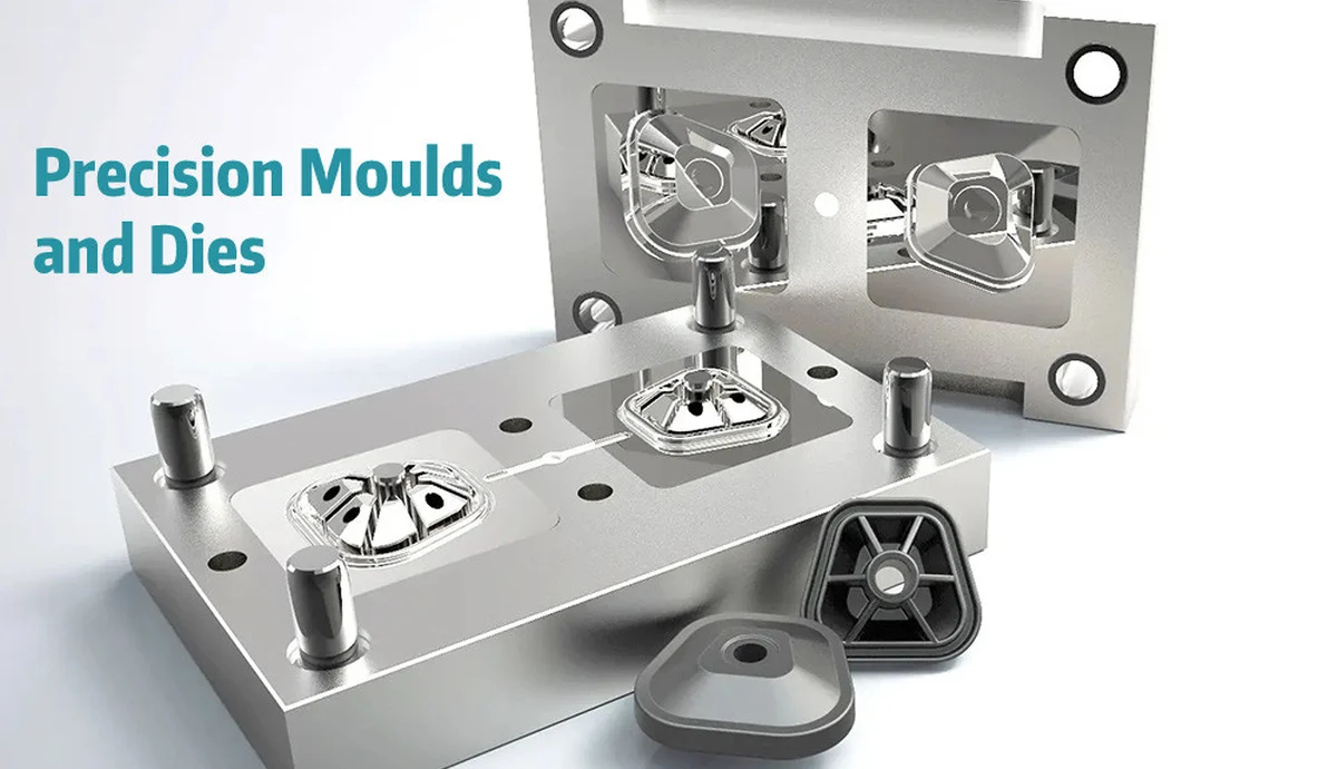 Precision injection mold halves and molded plastic parts used to validate DFM geometry